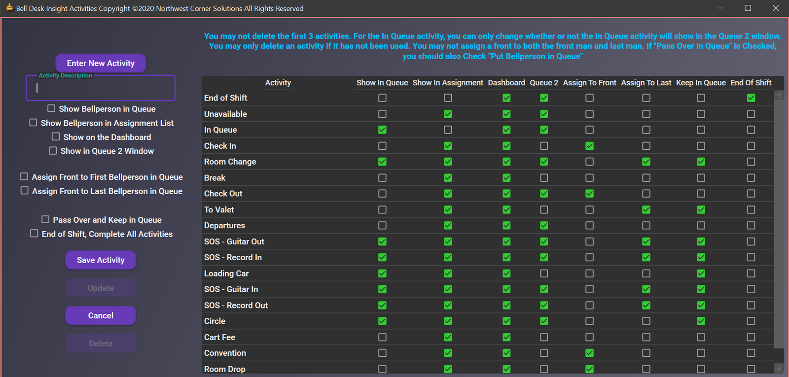 Bell Desk Insight activities window