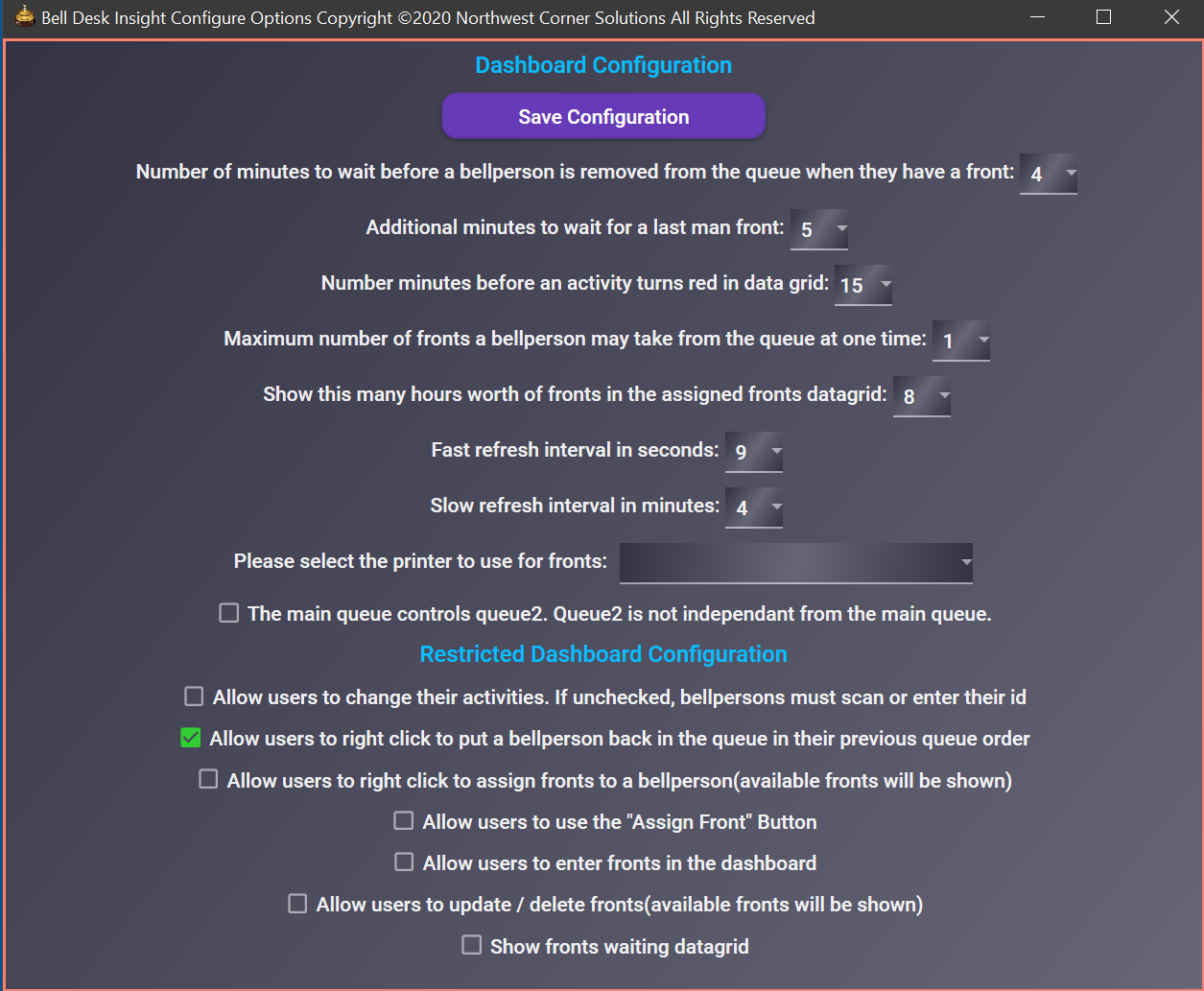 Bell Desk Insight configure window