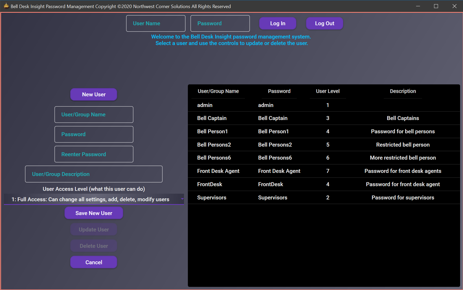 Bell Desk Insight passwords window